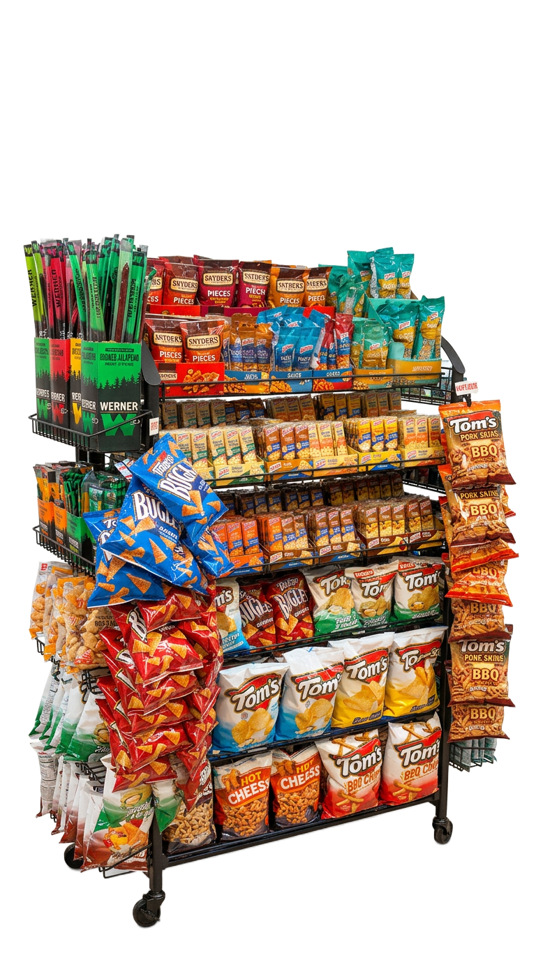 Tom's, Lance, Snyder's & Werner mixed endcap display rack